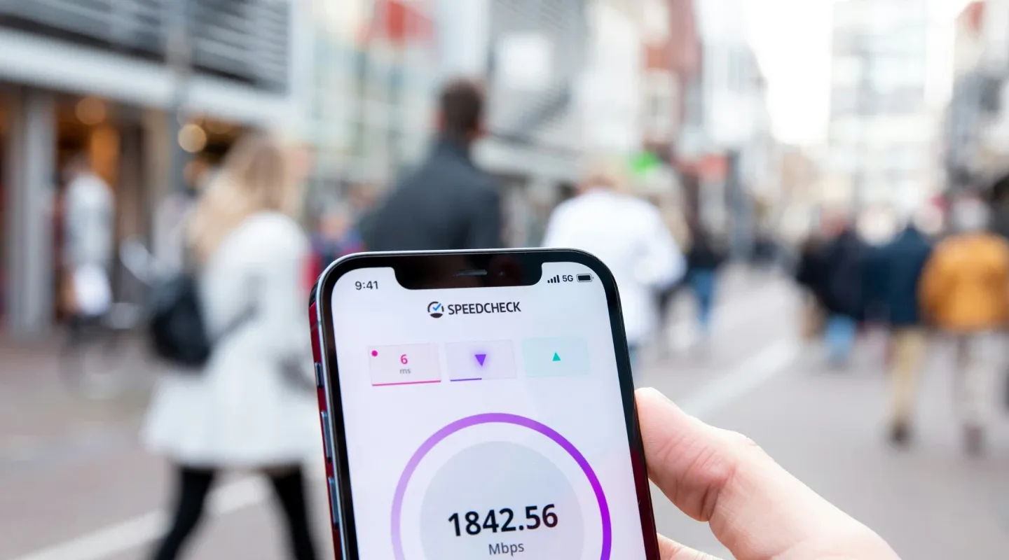 Persona midiendo la velocidad de conexión en un lugar público