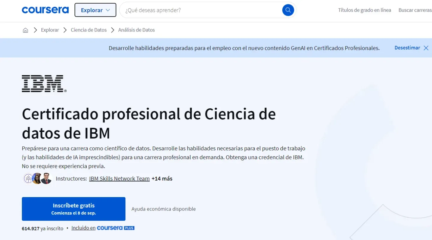 Un curso de Coursera respaldado por IBM. Captura de pantalla.