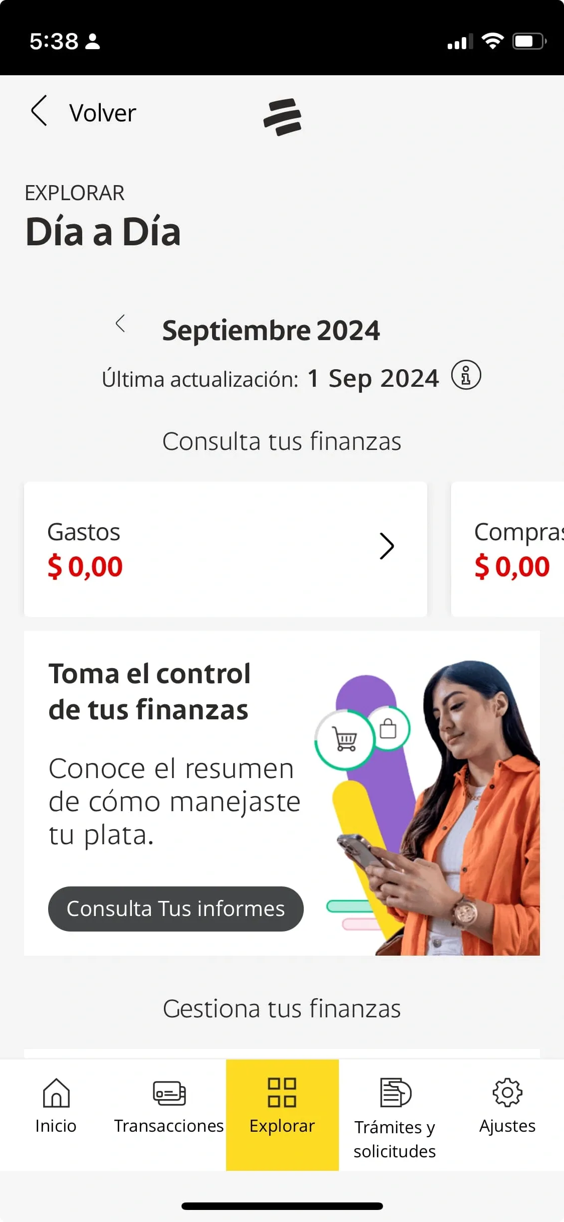 Sección de la app móvil del banco Bancolombia.