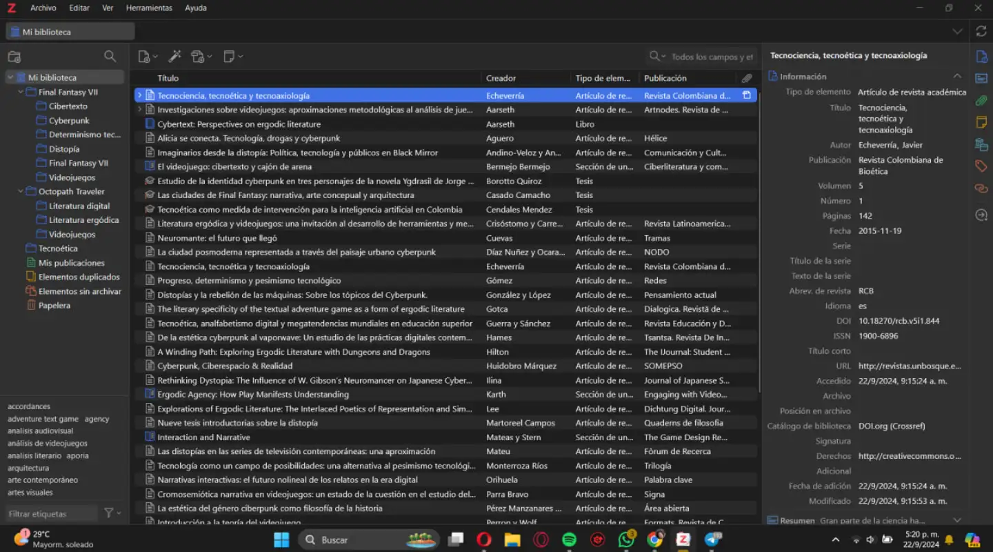 Versión de escritorio de Zotero en dark mode. Captura de pantalla.