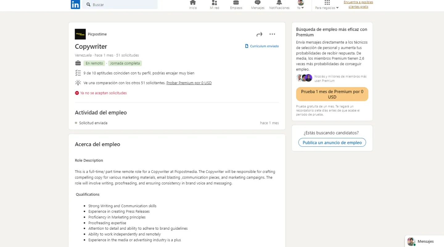 Vacante de Copywriter publicada en LinkedIn. Captura de pantalla.