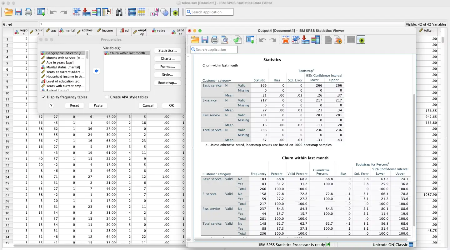 Análisis y tablas estadísticas en la interfaz de SPSS.